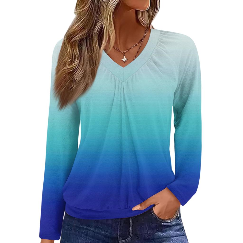 Women's Casual Fashion V-Neck Raglan Pleated Color Long Sleeve Top