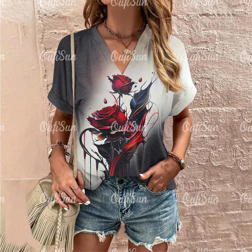 Sommer Damen Mode T-Shirt Vintage Blumen Rosenmuster V-Ausschnitt Oberteile Tees Damen Kurzarm Kleidung Damen Lässige Streetwear