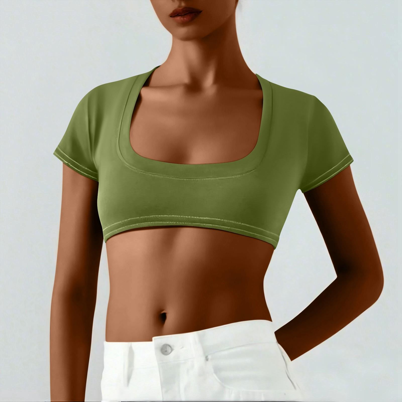 

Жіноча суцільна одноколірна коротка футболка з грудьми у два юані Мила денна сексуальна коротка футболка з коротким рукавом L армія зелений колір