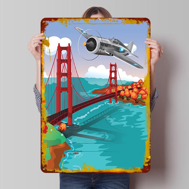 

Golden Gate Flypast Printed Poster Customized Wall Art Retro Vintage Metal Tin Signs for Coffee Bar Accessories Room Decoration 7.9x11.8In(20x30cm)
