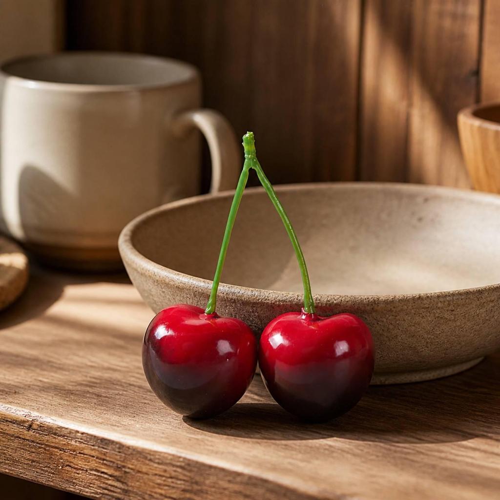 Faux Cherry with Green Vivid Foam Decoration True for Tabletop Arrangements, Photo Studios,