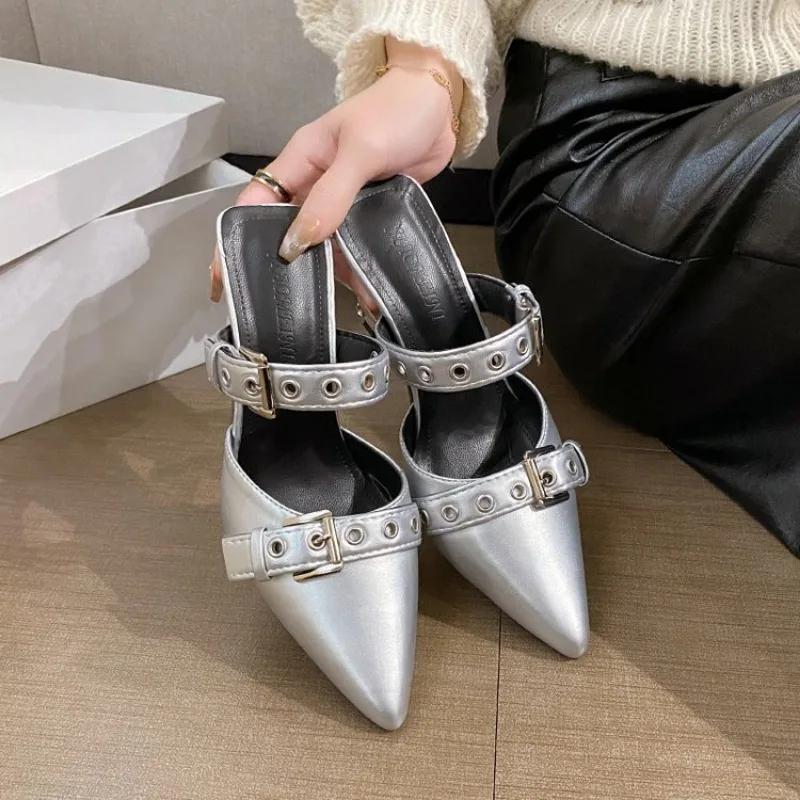 Punk Goth Metal Buckle High Heels Women's Sandals Summer 2024 Pointed Toe Silver Party Shoes Fashion Womens Pumps Shoes Tacones