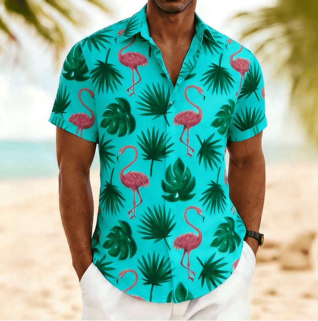 Men's Flamingo Tropical Monstera Palm Leaf Print Short Sleeve Shirt, Spring Summer Hawaiian Vacation Blouse, Loose Casual Top