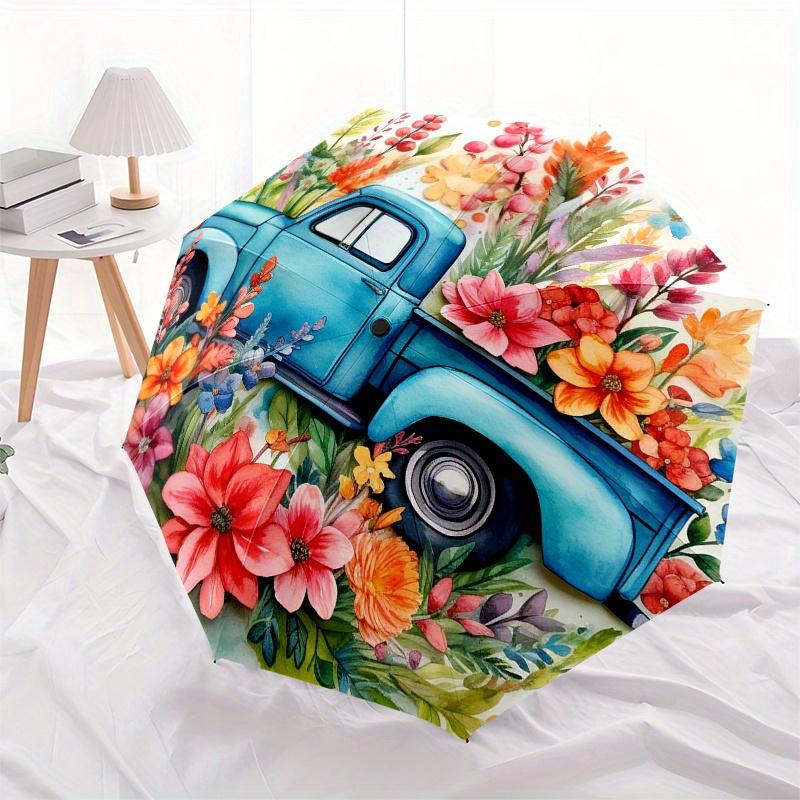 Floral Truck Watercolor DecorUmbrella, Portable 3-Fold Compact Umbrella,Christmas Gift ES628