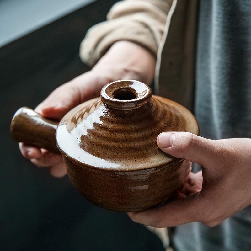 Retro Ceramic Lidded Bowl with Handle Wabi-Sabi Style Single Serve Casserole Home Kitchen Restaurant Rice Soup Serving Tableware