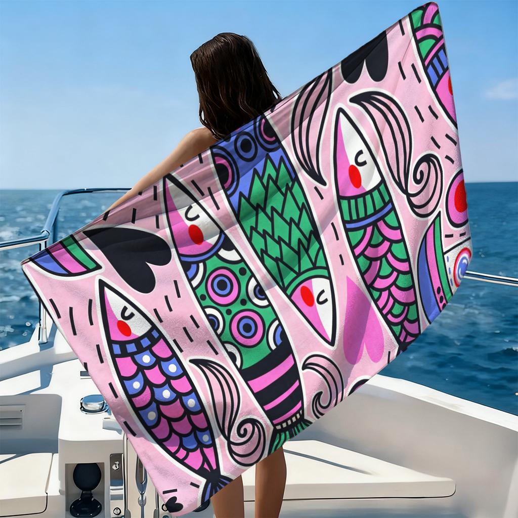 1Pc Pink Cartoon Art Fish Beach Towel Large Towel Super Absorbent Suitable For Beach Vacation Pool Summer Gift For Friends