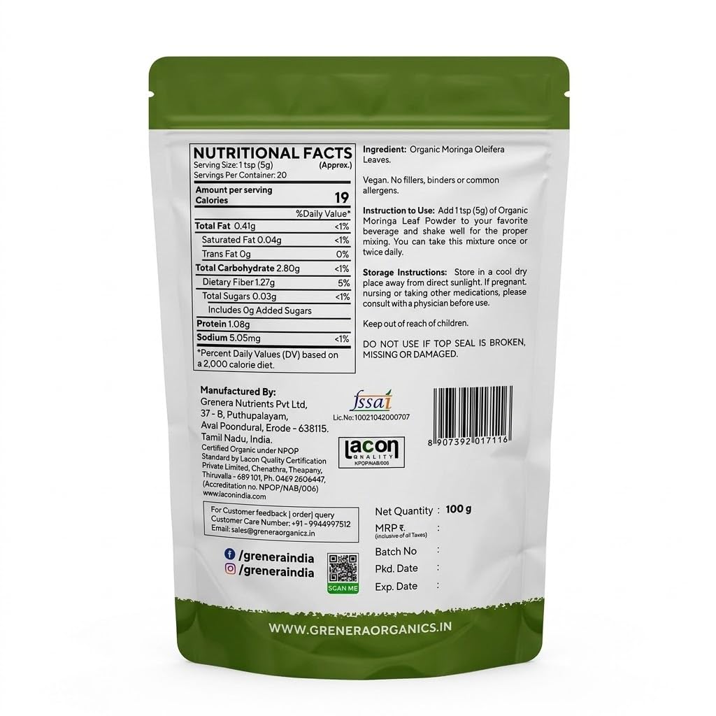 Grenera Organic Moringa Powder 100g, Moringa Leaf Powder (Sahjan/Drumstick), Certified Organic, Pure Shigru Powder