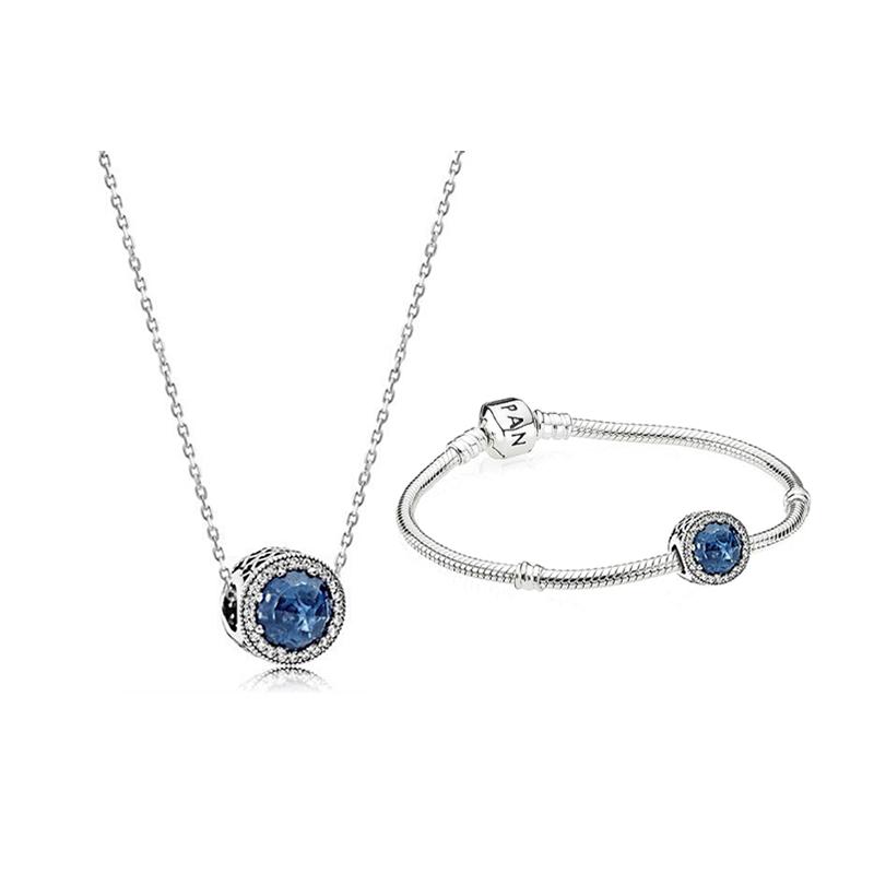 Pandora Ocean Heart Blue Sparkling Enchanting Moonlight Bead Snake Chain Bracelet Set Women jewelry Silver ZT0139+HZYT0018