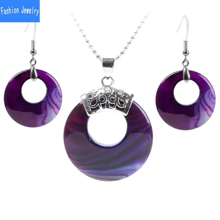 Damen Naturstein Hohl Konzentrisch Rund Set Blume Grün Weiß Kristall Tigerauge Stein Ohrring Halskette Set