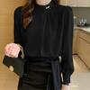 Mode Langarm Weiß Blau Perlen Chiffon Bluse Shirt Frauen Tops J226