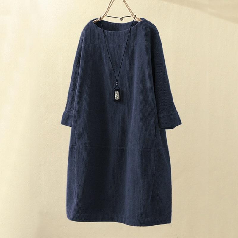 Women's Round Neck Long Sleeve Corduroy Midi Dress Loose A-Line Dress Vintage Retro Solid Color Casual Plus Size Shift Dress