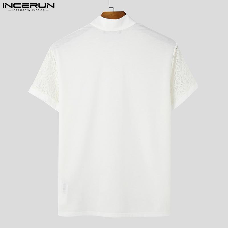 INCERUN Men Short Sleeve Front Lace See Through Sheer Tops Summer T-shirts
