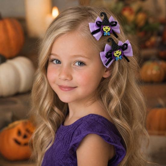 1 Pair Girl Hairpins, Anti-Slip Clip Design Bang Hair Pins, 3D Bow Pumpkin Skull Eyes Halloween Shape Hair Clips, Thick Ribbed Webbing Hair