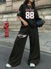 Amerikanischer Retro Street Trend Cool Buchstabendruck Kurzarm-T-Shirt Weite Hosen Set Damen Lässig Locker Sport Zwei Teile