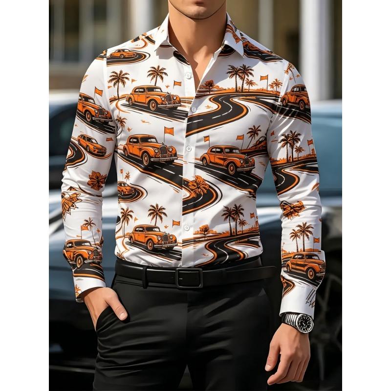 Men's Floral Printed Long Sleeved Lapel Shirt, European and American Nightclub Party Trend Casual Floral Shirt