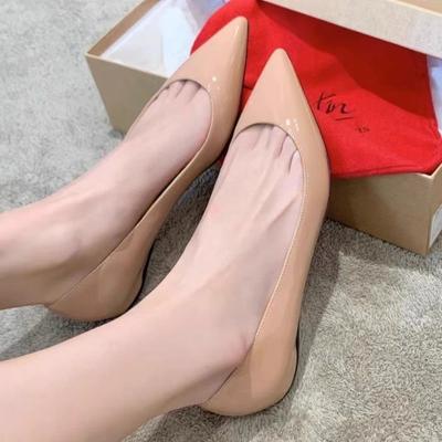 Single Shoes Women Ins European and American Style New Year Pointed Head Same Style Banquet Summer Light Mouth Flat Shoes Patent Leather Apricot