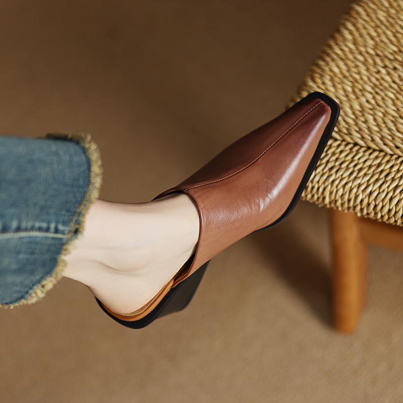 Fashion 2025 New Summer Women Mules Genuine Leather Women Shoes Pointed Toe Wedges Shoes High Heel Women Sandals Metal Modern Slippers