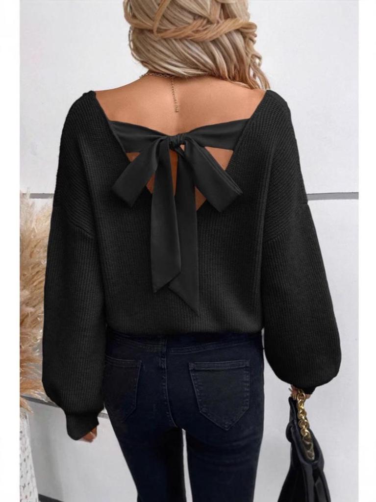 European & American V-neck Bowknot Sweater - Women's Casual Autumn/Winter Long Sleeve Loose Top