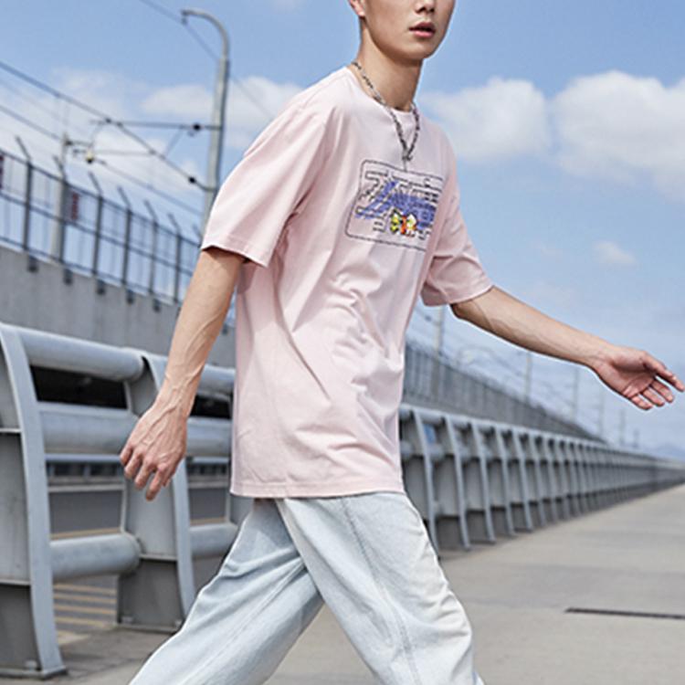 Li-Ning Sports Fashion Series Pattern Print Loose Round Neck Short Sleeve T-Shirt Unisex Tops Pink AHSR340-14