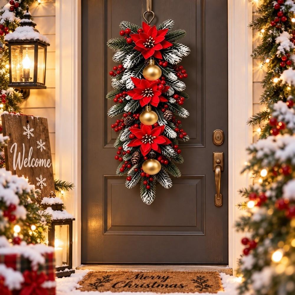 4pcs Simulated Snow Falling Artificial Pine Branch Wall Mounted Poinsettia Flower Home Party