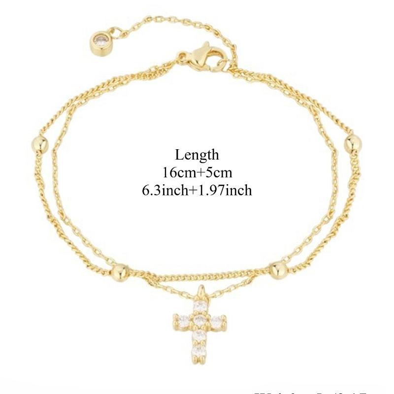 Fashionable Gold Color Women's Cross Chain Bracelet for Girls, Shining with Zircon Inlay, Double-layer Adjustable Charm Bracelet