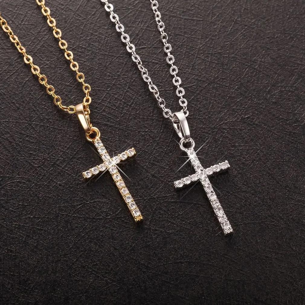 LATS Female Cross Pendants Gold Crystal Jesus Cross Pendant Necklace Jewelry For Women Men