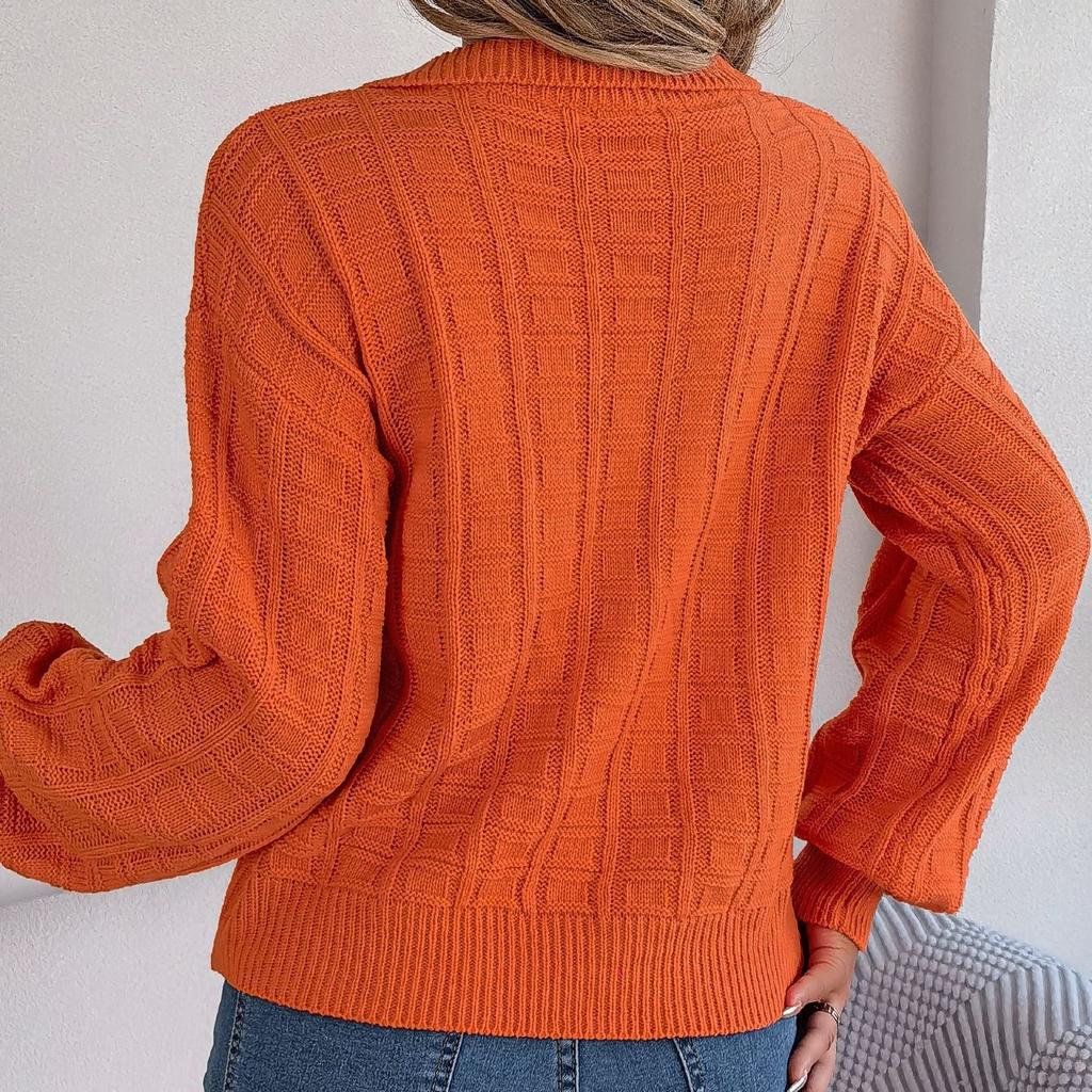 GMXIA Women's Fashion Casual Solid Color Autumn Winter Long Sleeve Lapel Loose Plaid Knit Pullover