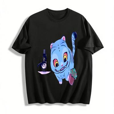 Funny Blue Cat & Gentleman Bird Graphic Tee Unisex Casual Loose Fit Crewneck Short Sleeve Top Pure Cotton T-shirt