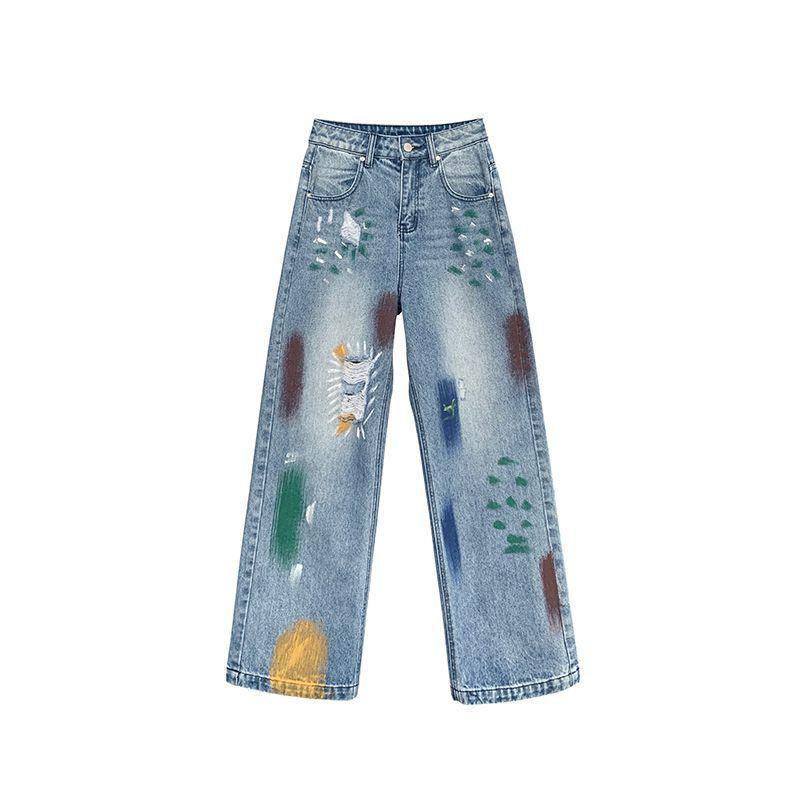 Womens High-Waisted Wide Leg Distressed Denim Jeans With Painted Design Loose Fit Straight Cut