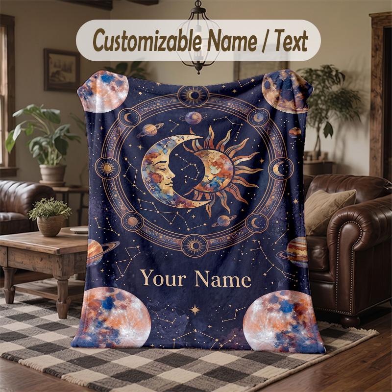Cosmic Stars Moons Theme Throw Blanket Custom Name Text Personalized Blanket Soft Cozy Blanket for Home Sofa Bed