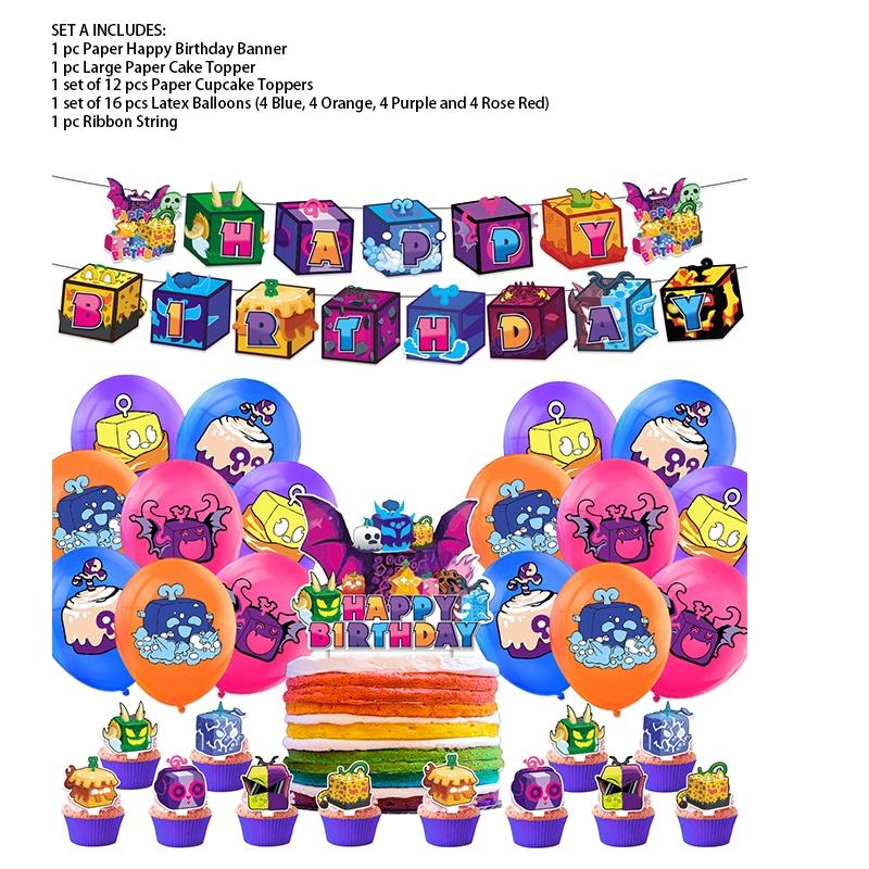 Blox Fruits Birthday Party Decor Game Box Set Paper Craft Printing Size Blox Fruits Set A 1 Flag 16 Balloons Blue 4 Orange 4 Purple 4 Magenta) 1