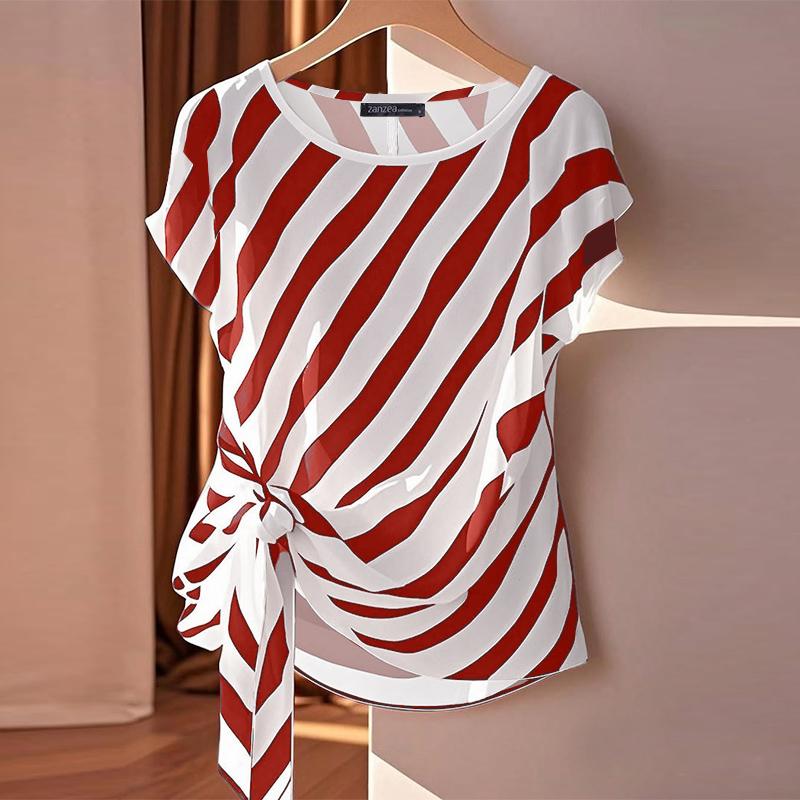 ZANZEA Women Casual O-neck Stripe Print Loose Short Sleeve Blouse