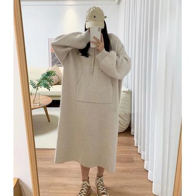 Knee-length Hooded Knitted Sweater Skirt Women's Autumn and Winter New Casual Versatile Loose Lazy Style Dress