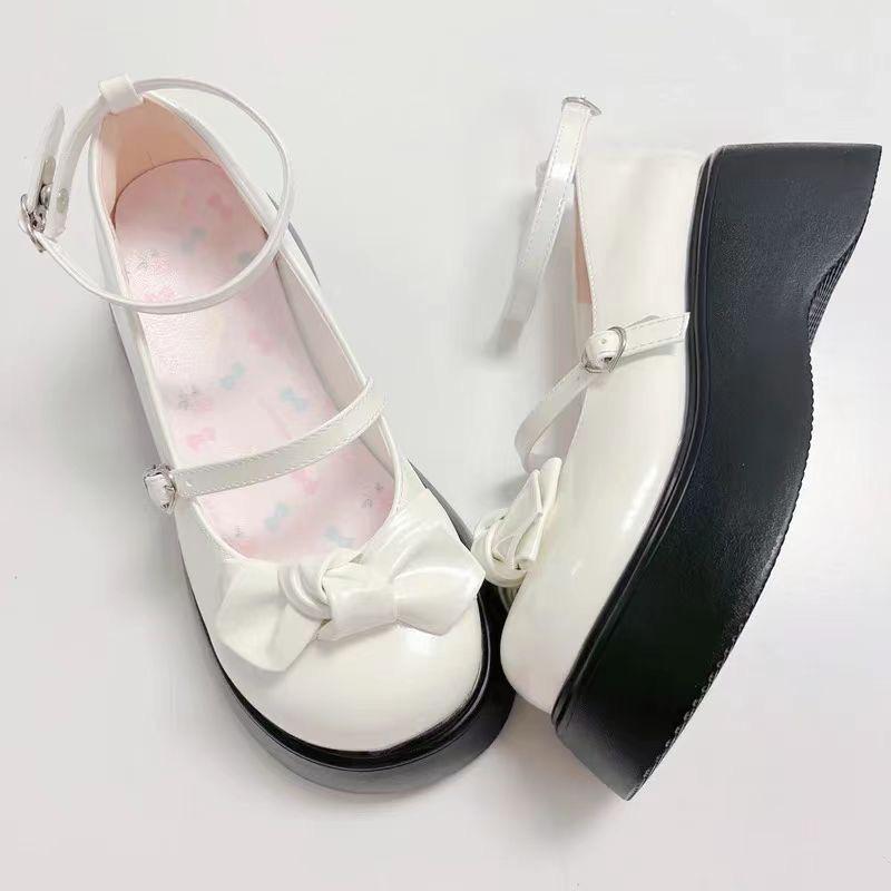 Cute Princess Style Sweet Bow Round Head Muffin Sole Single Shoes Year One Word Buckle Belt Low Heel Mary Jane Shoes