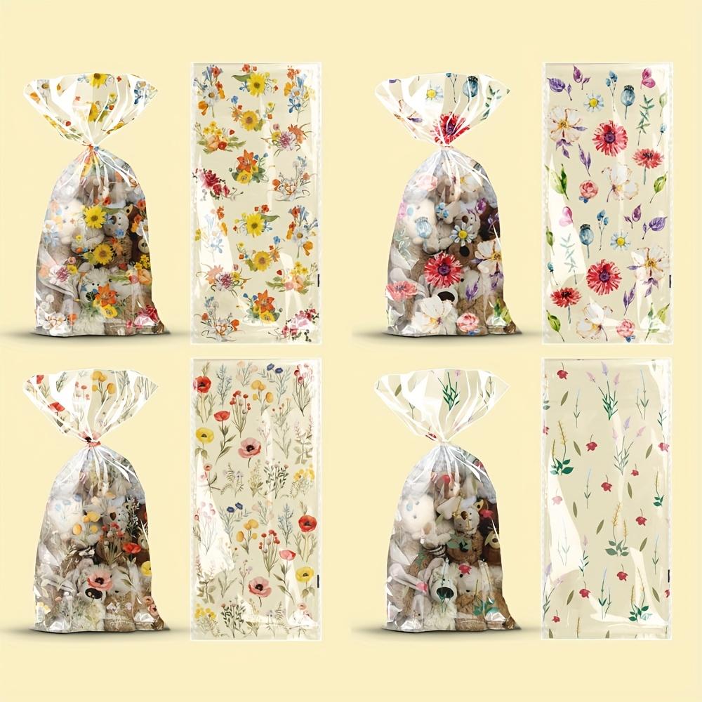 50 шт. Цветочные целлофановые пакеты для угощений - Прозрачные пластиковые пакеты для подарков с закрутками, Разнообразные дизайны с полевыми цветами и мишками 12.5X27cm