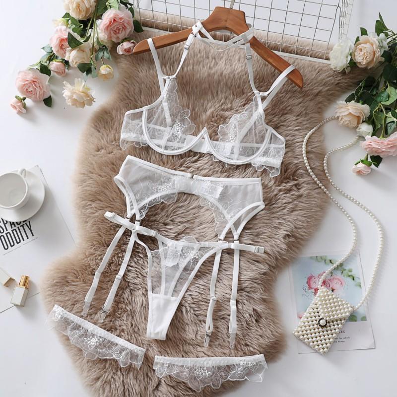 Dnika Womens Sexy Halter Lingerie Set 4-Piece Embroidery Sheer Mesh Bra Panty