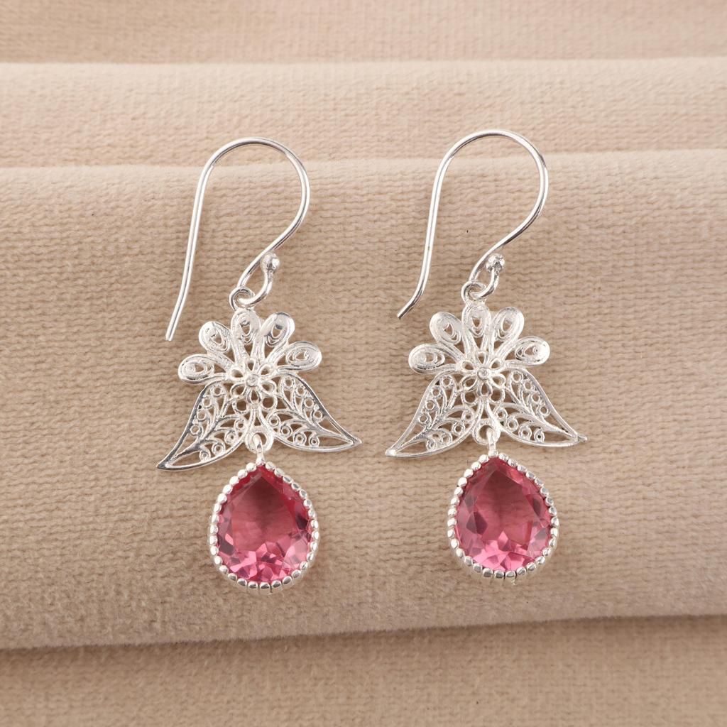 Natural Pink Tourmaline Gemstone 925 Stamped Silver Handmade Jewelry Partywear Hook Earrings 1.84" For Wedding CE-23-5