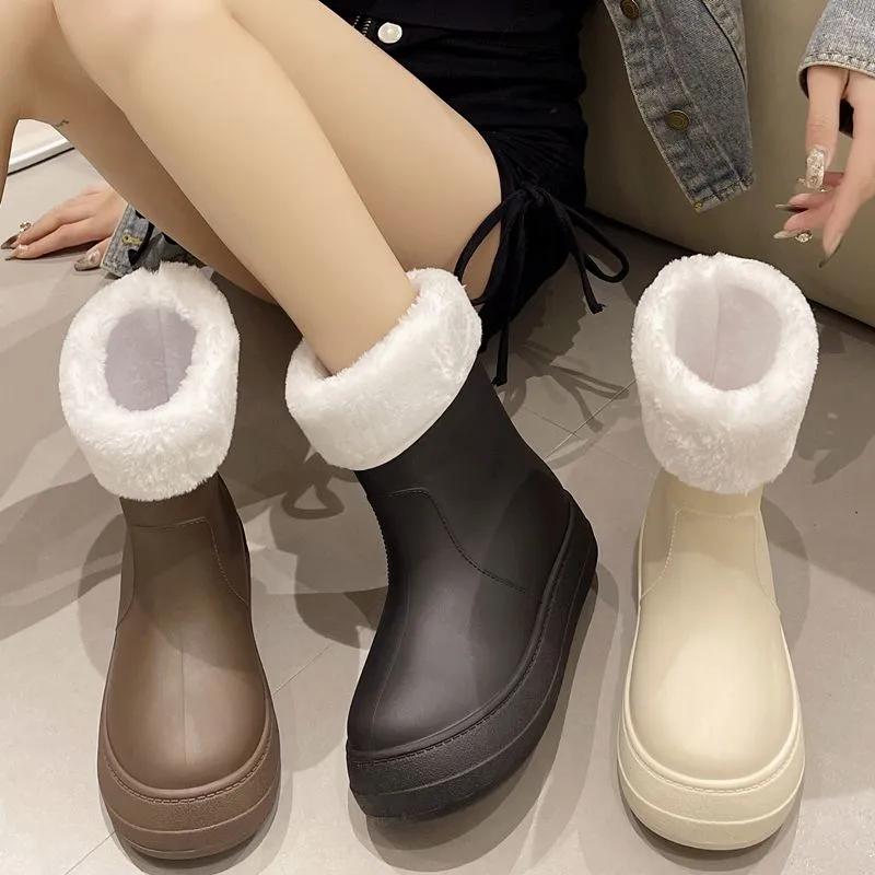 Plus velvet warm rain boots women's mid-tube non-slip rain boots wear-resistant waterproof snow boots women's detachable cotton sleeve