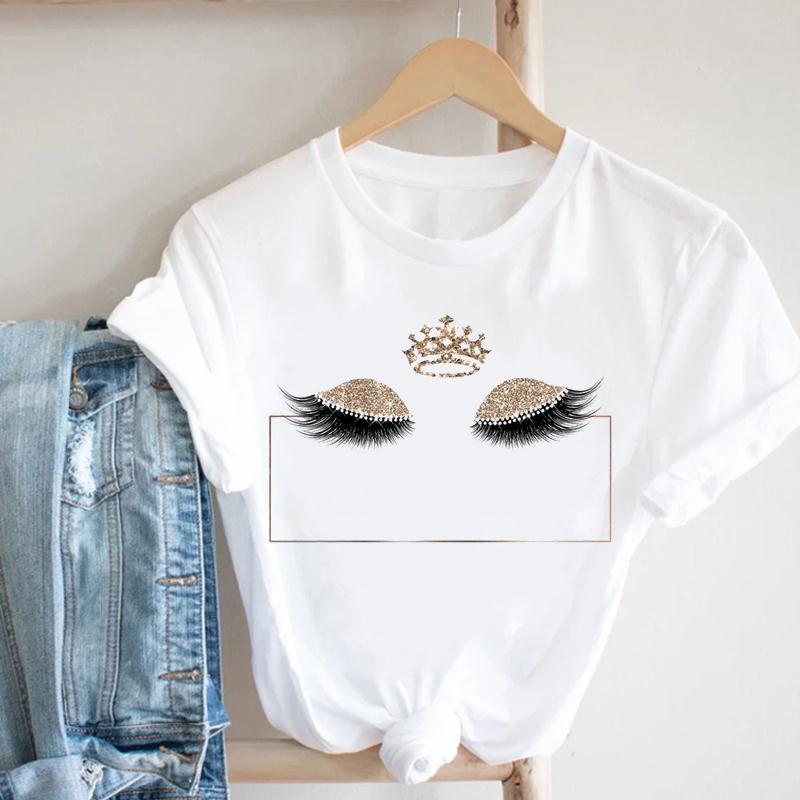 (European size)Eyelashes Women Summer Crown Eye Lashes Printing Fashion T-shirt Short Sleeve Lady Print Tee Top Female Clothing Casual Graphic T-shirt