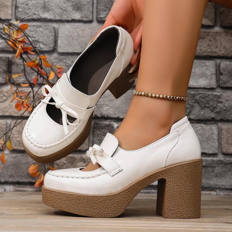 Mode Frühling und Herbst Neue Mary Jane Plateau Schuhe Runde Zehenpartie Flacher Ausschnitt Aushöhlung Schleife Slipper Mode Hohe Absätze