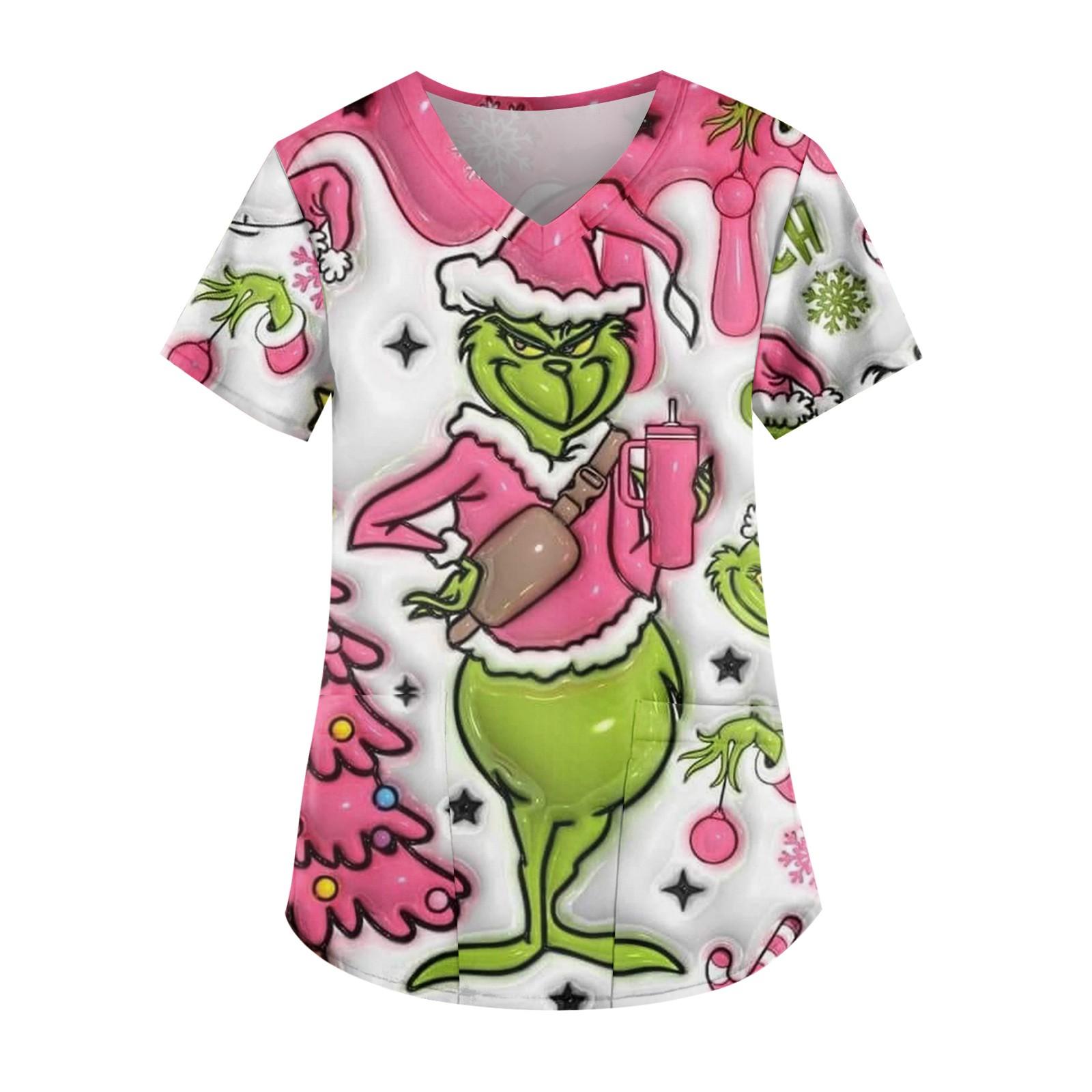 

Женская мода V-образный вырез короткий рукав рабочая одежда с карманом рождественский принт топ M розовый