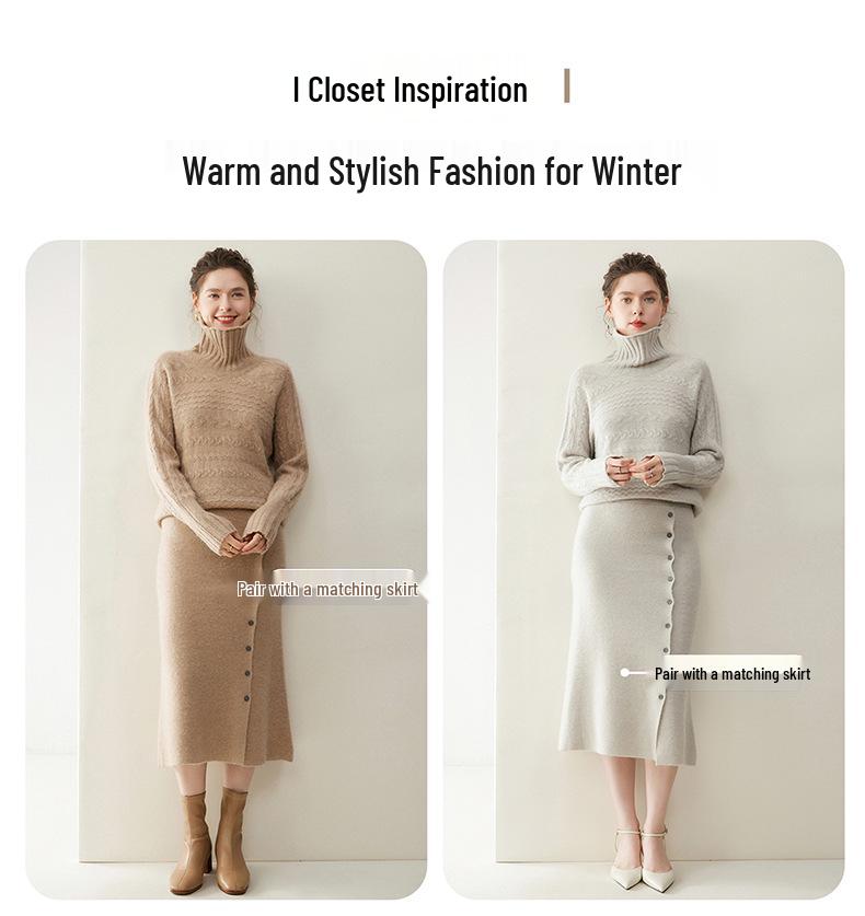 Autumn Winter Retro Cable Knit High Neck Cashmere Women's Sweater - Loose Fit, Solid Color Pullover