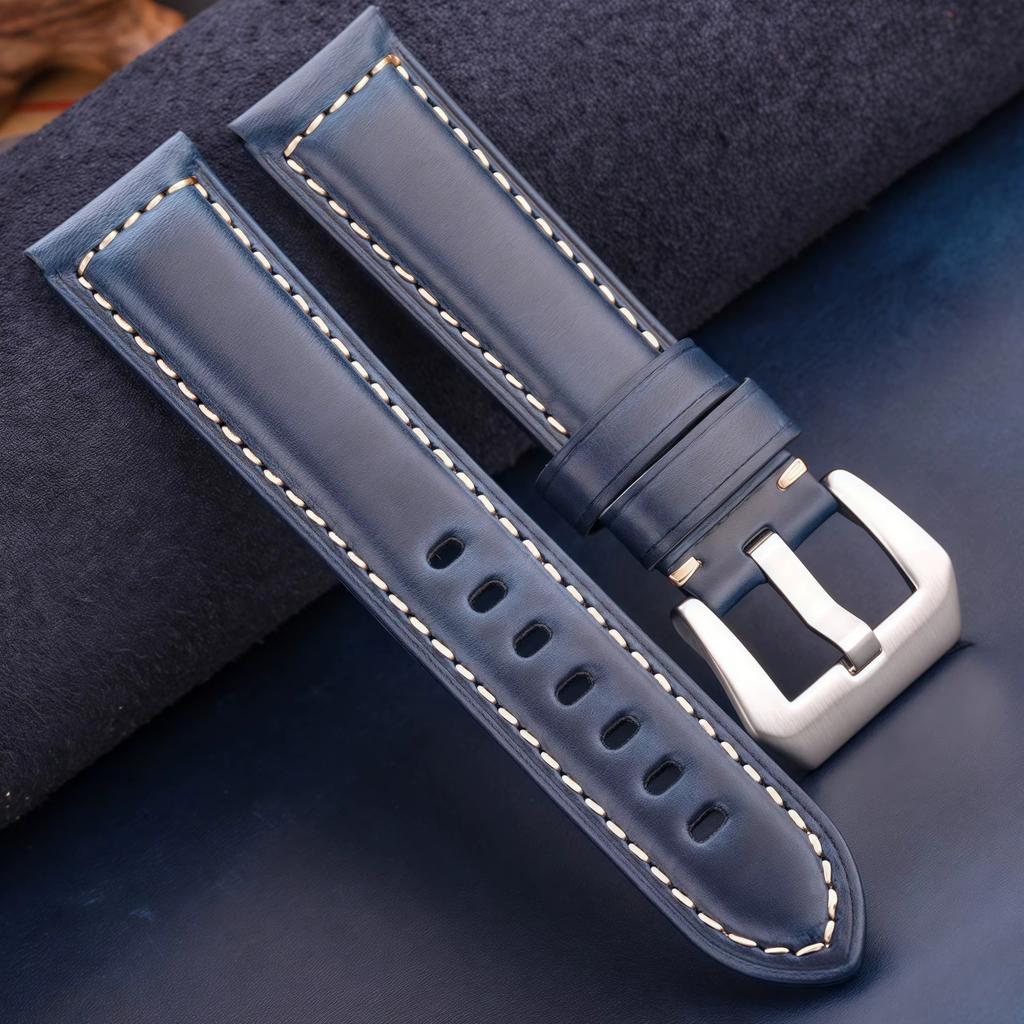20mm 22mm 24mm 26mm First Layer Oil Wax Cowhide Padded Leather Watch Strap Screw-in Stainless Buckle Vintage Style Band