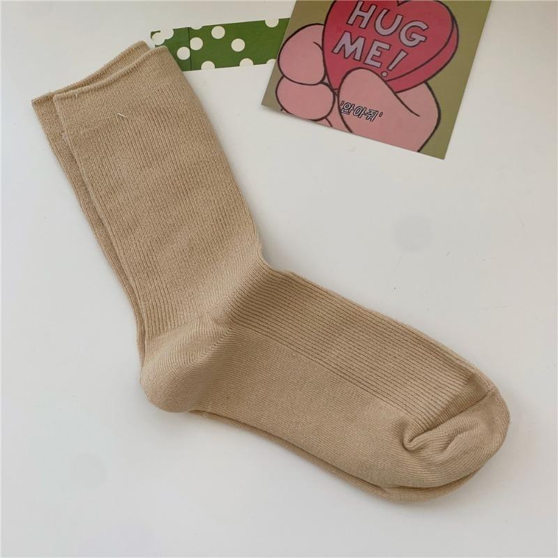 Bomull Ensfarvede Sokker for Kvinner, Høst Tynne Tynne Stripete Frotte-sokker for Kvinner, Midt-legg Sokker