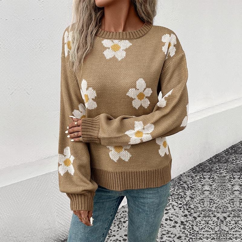 Autumn 2024 Women's Floral Knit Pullover Sweater - European & American Style, Long Sleeve, Round Neck, Casual Fit