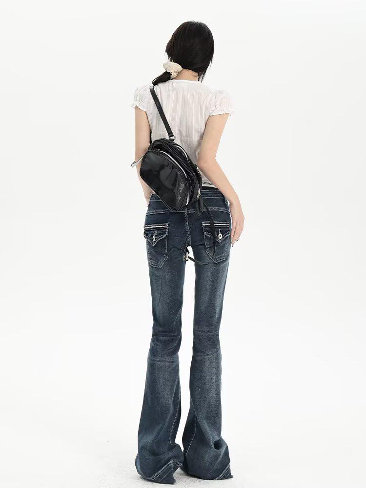 Dámské retro modré džíny s vysokým pasem a mikro rozšířenými nohavicemi - Podzimní strečový zeštíhlující styl