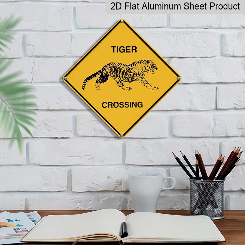 2D Flat 1pc, Funny Tiger Crossing Sign - Heavy-Duty Iron Metal Plaque with Tiger Graphic - Yellow & Warning Decoration for Home, Office, Garage, Farm