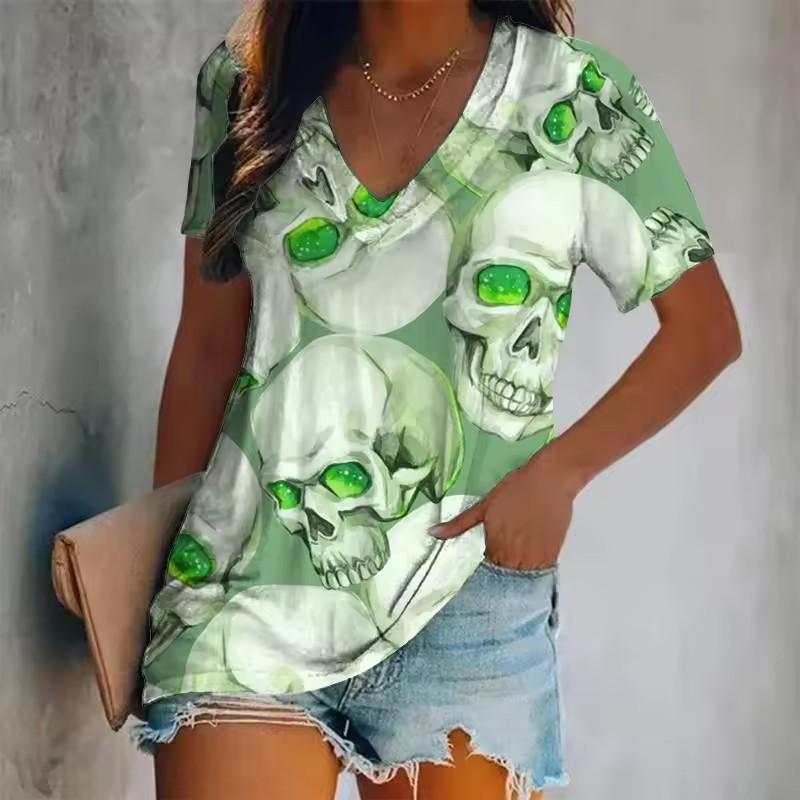 Women's Short-Sleeved T-Shirt V-Neck 3d Printed Skull Pattern Oversized Women's Top Y2K Style Summer Casual T-Shirt