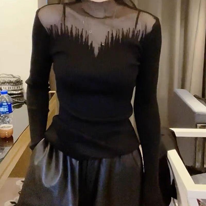 European Mesh Splicing Base Shirt for Women Spring Autumn and Winter Tailored Versatile Top with Inner Small Shirt