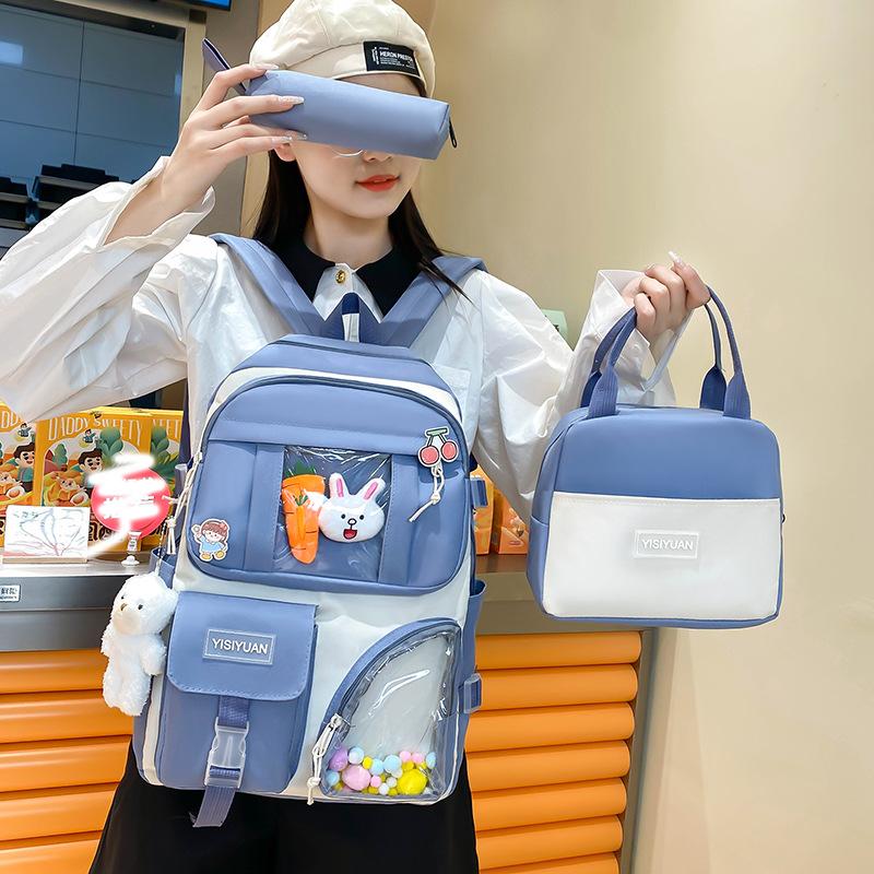 School Bag New Canvas Backpack Women's Small Fresh Contrasting Color Backpack Three-piece Set Junior High School Versatile Campus School Bag Tide